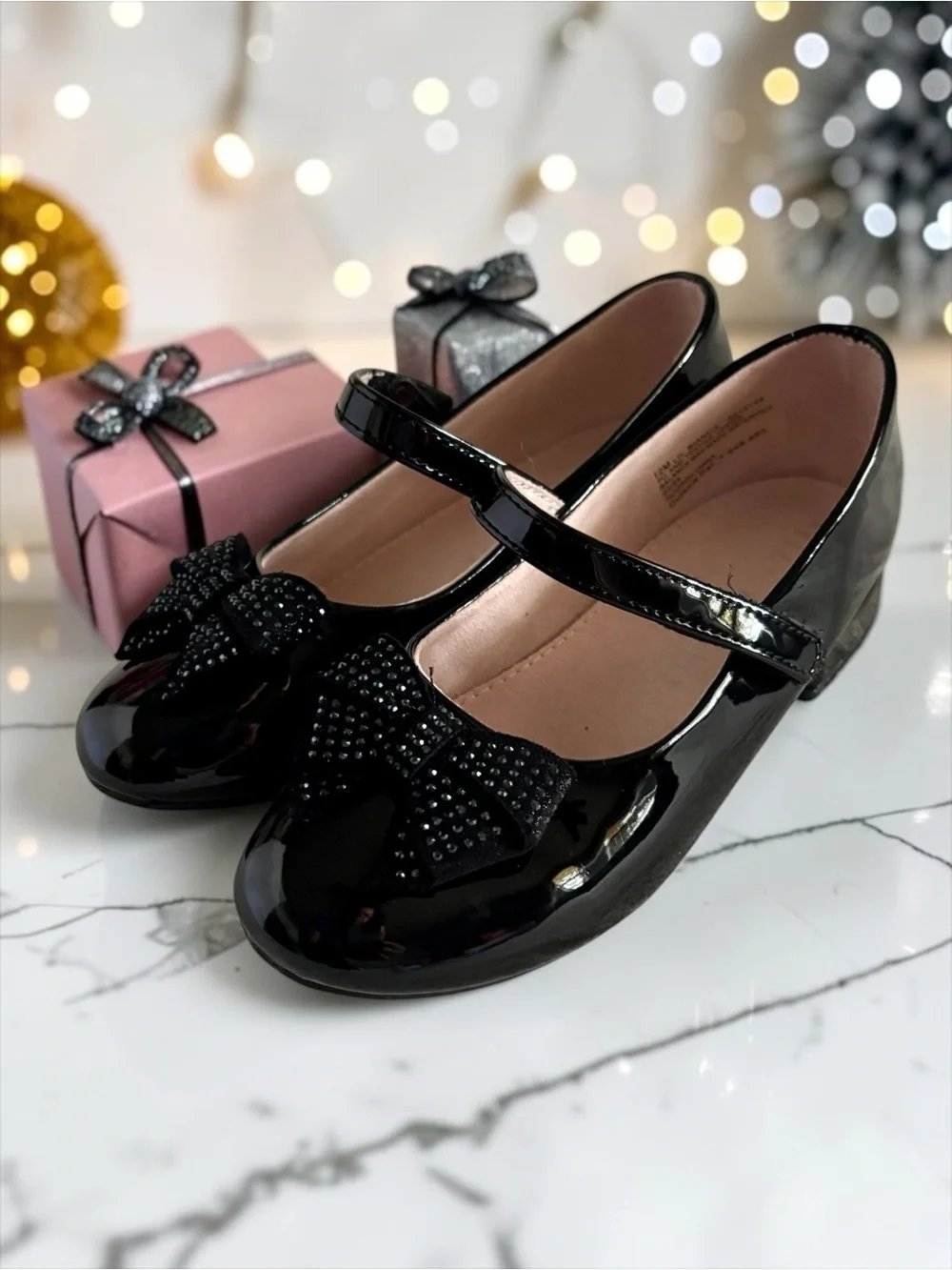 Kelly & Katie Toddler Girl Black Patent Rhinestone Bow Dress Flats | Size 12
